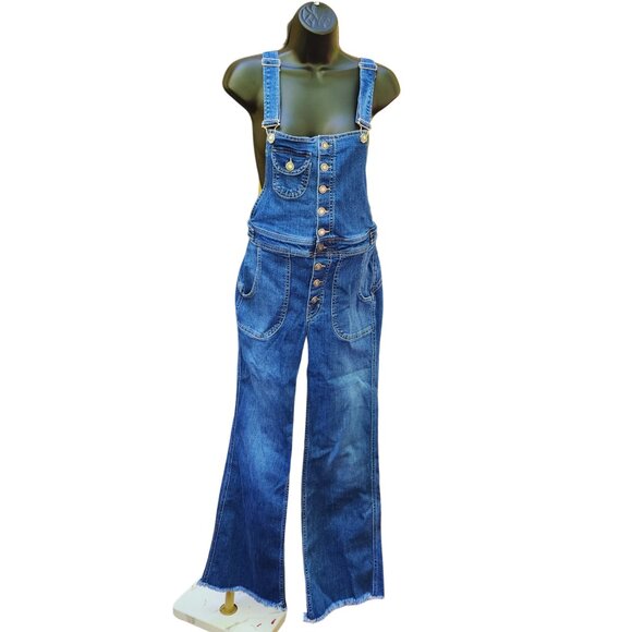Free People Medium Wash Blue Alvin Flared Bib Overalls Women's Size 27 - Picture 3 of 12
